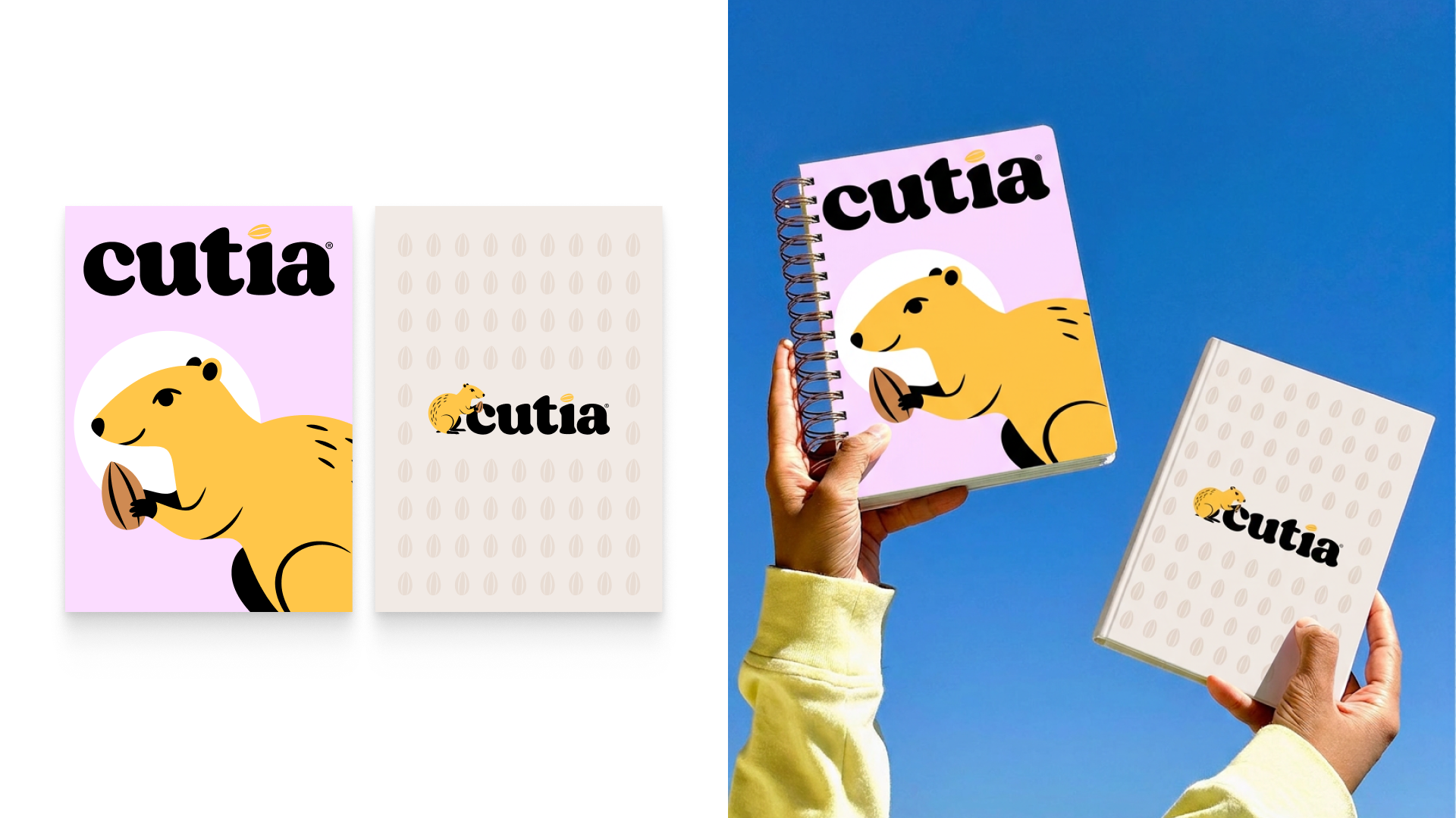 Cadernos e materiais impressos da Cutia com o mascote e a marca.